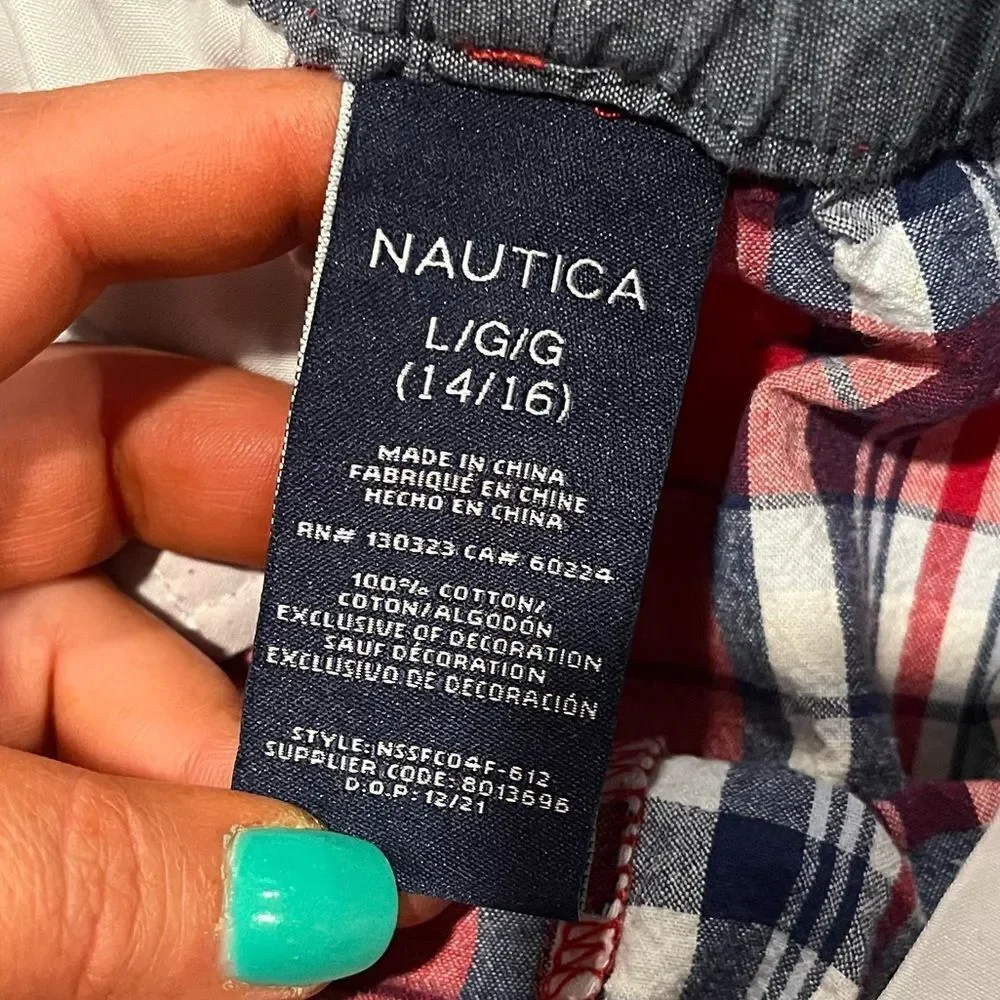 Nautica Boys Youth Plaid Straight-Fit Poplin Flat-Front Shorts Checked Red L/14